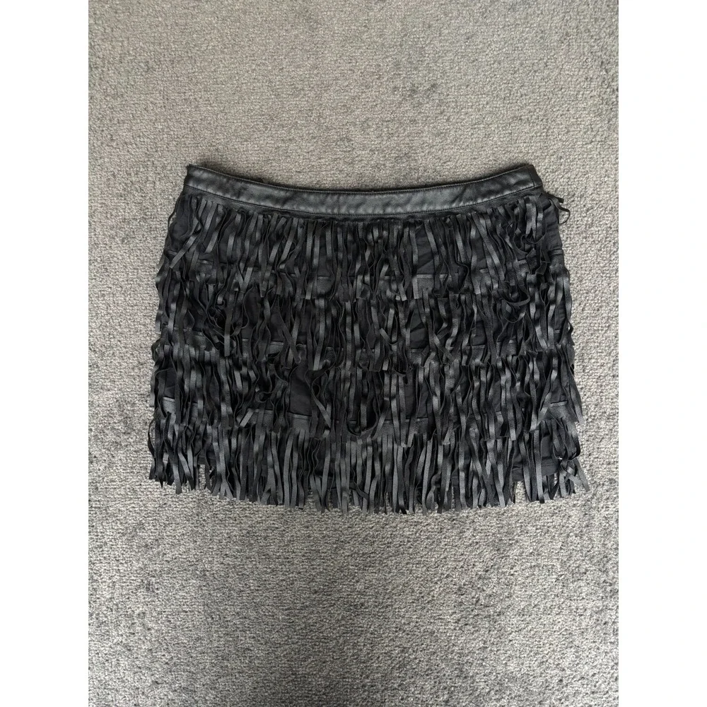 Cowgirl Justice Leather Skirt Womens Medium Black Fringe Elastic Waist Pull On
